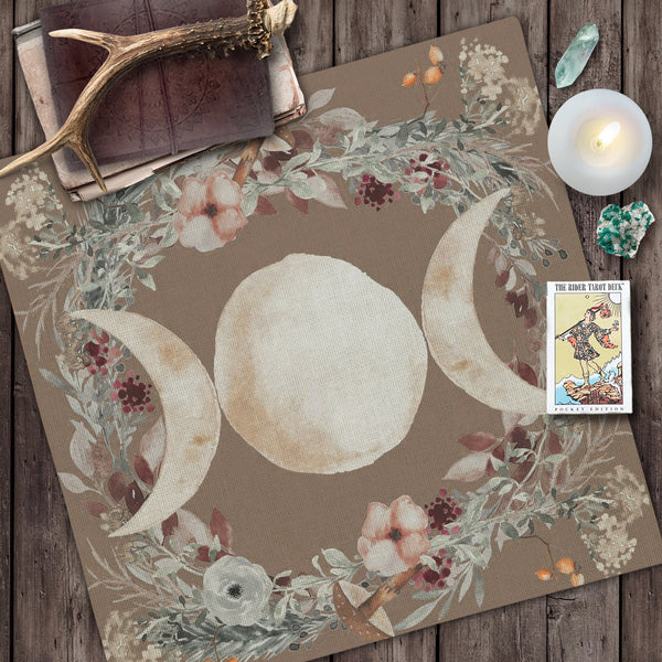 Triple Moon Pagan Altar Cloth With Woodland Nature Design Square
