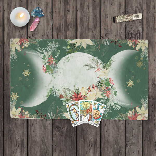 Yule Poinsettia Triple Moon Altar Cloth - Wicca Pagan Witch Decor Cotton Twill Rec