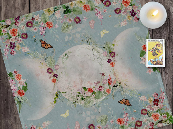 Garden Floral Triple Moon Altar Cloth - Beltane Summer Tarot 22X22 Inch Twill Square