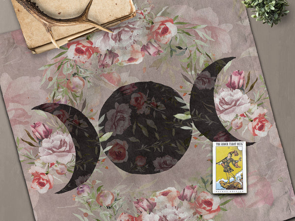 Triple Moon Altar Cloth - Wicca Pagan Floral Decor For Tarot Or Rituals 22X22 Inch Twill Square